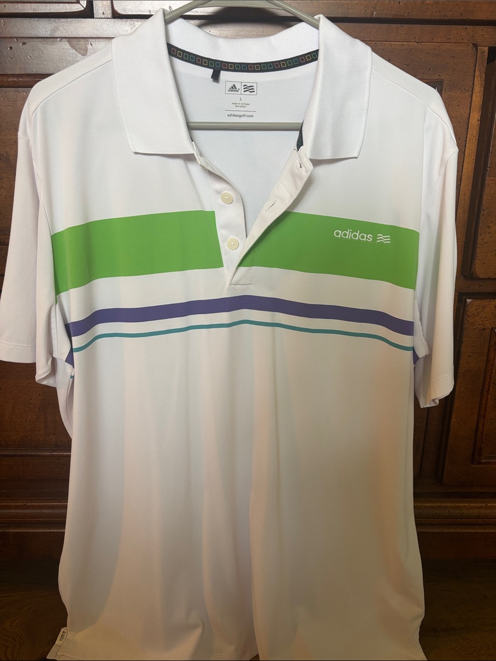 adidas White Polo with Green, Purple, and Teal Stripes